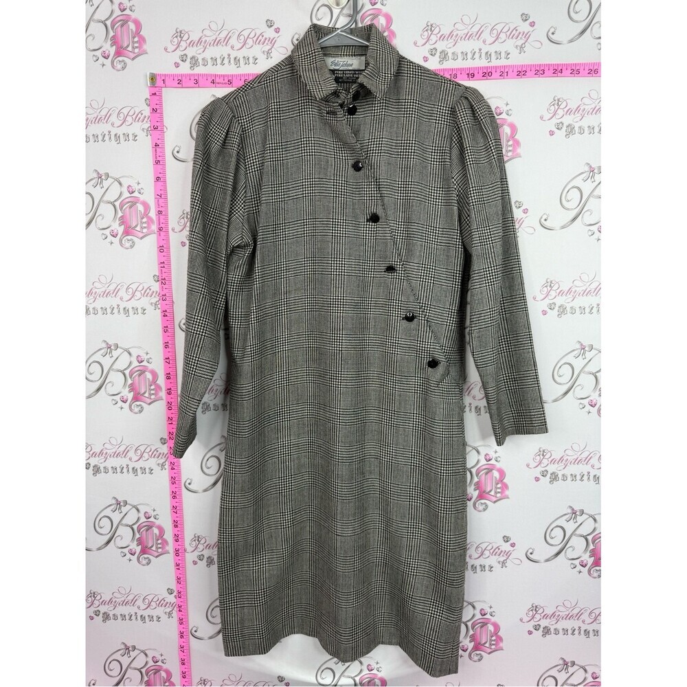 EDIE JOHNE virgin wool Plaid Long-Sleeve Shift Dress cream black houndstooth